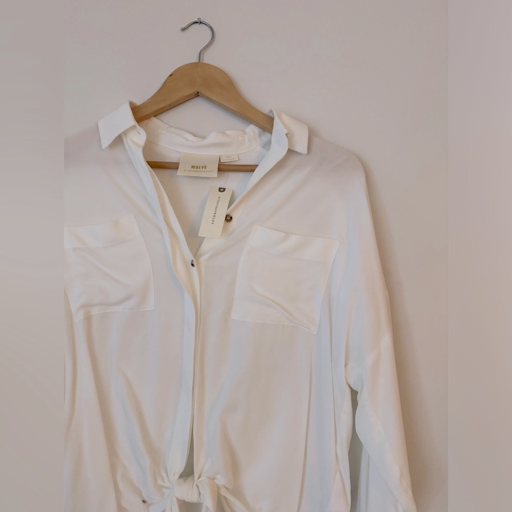 Maeve / Anthropologie white button down high-low tie shirt NWT